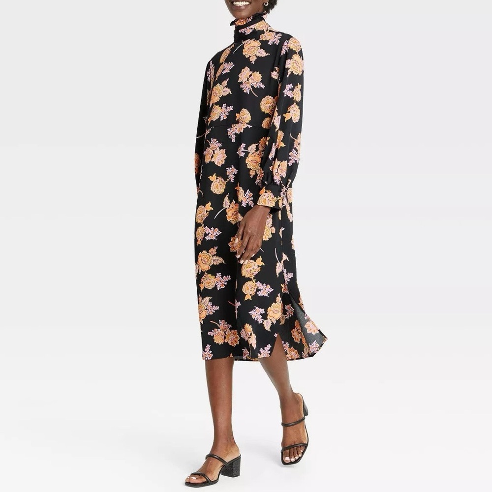 Who What Wear Prairie Paisley‎ Floral Black Midi Dress Boho Cottage Chic Work M